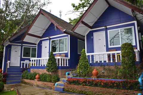 Blue chalets in the garden. Photo by: Mark Ord.